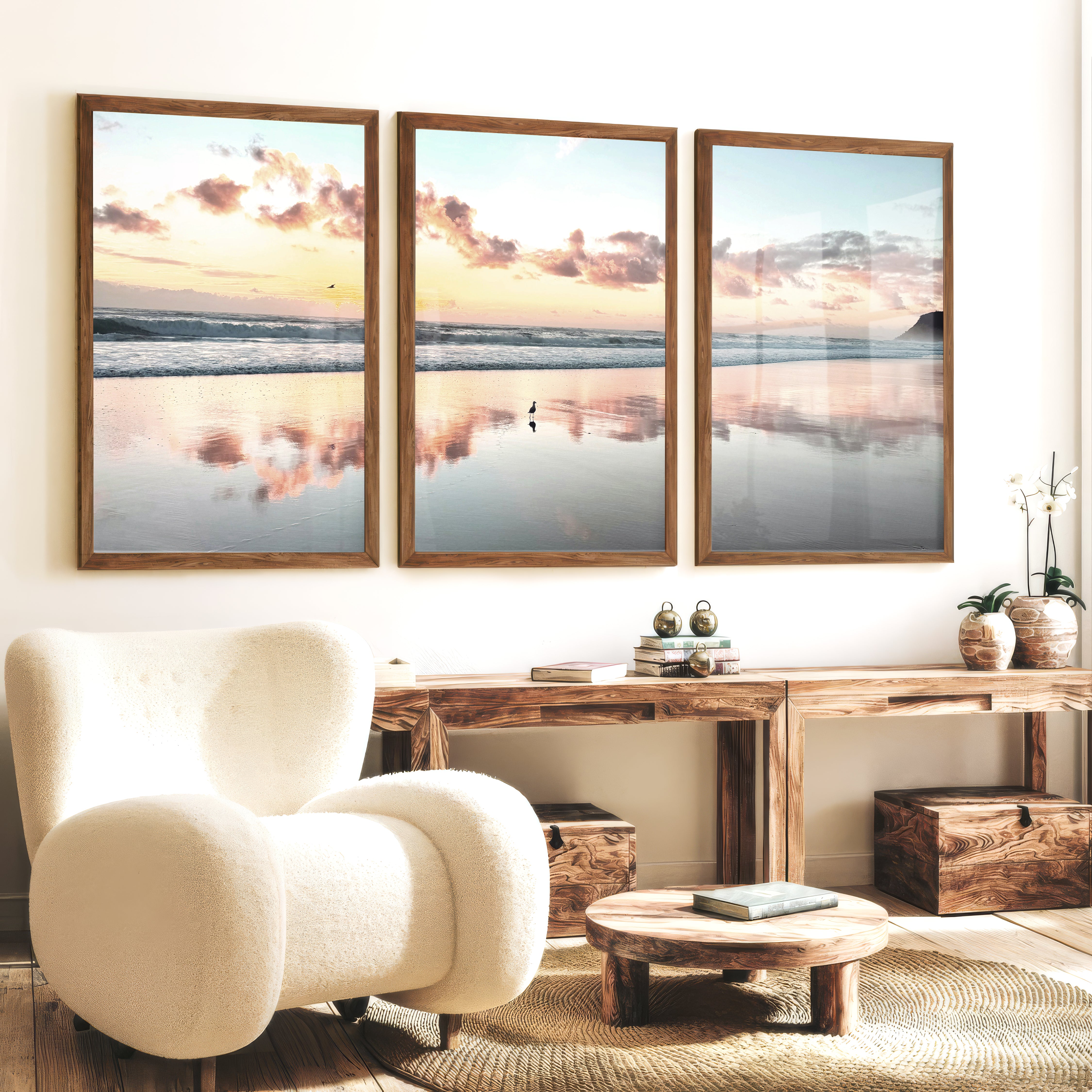 Sunset Beach ocean wave artwork with Shorebird Reflection - Dark Brown Framed Poster No Border - Artworksets
