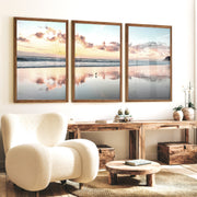 Sunset Beach ocean wave artwork with Shorebird Reflection - Dark Brown Framed Poster No Border - Artworksets