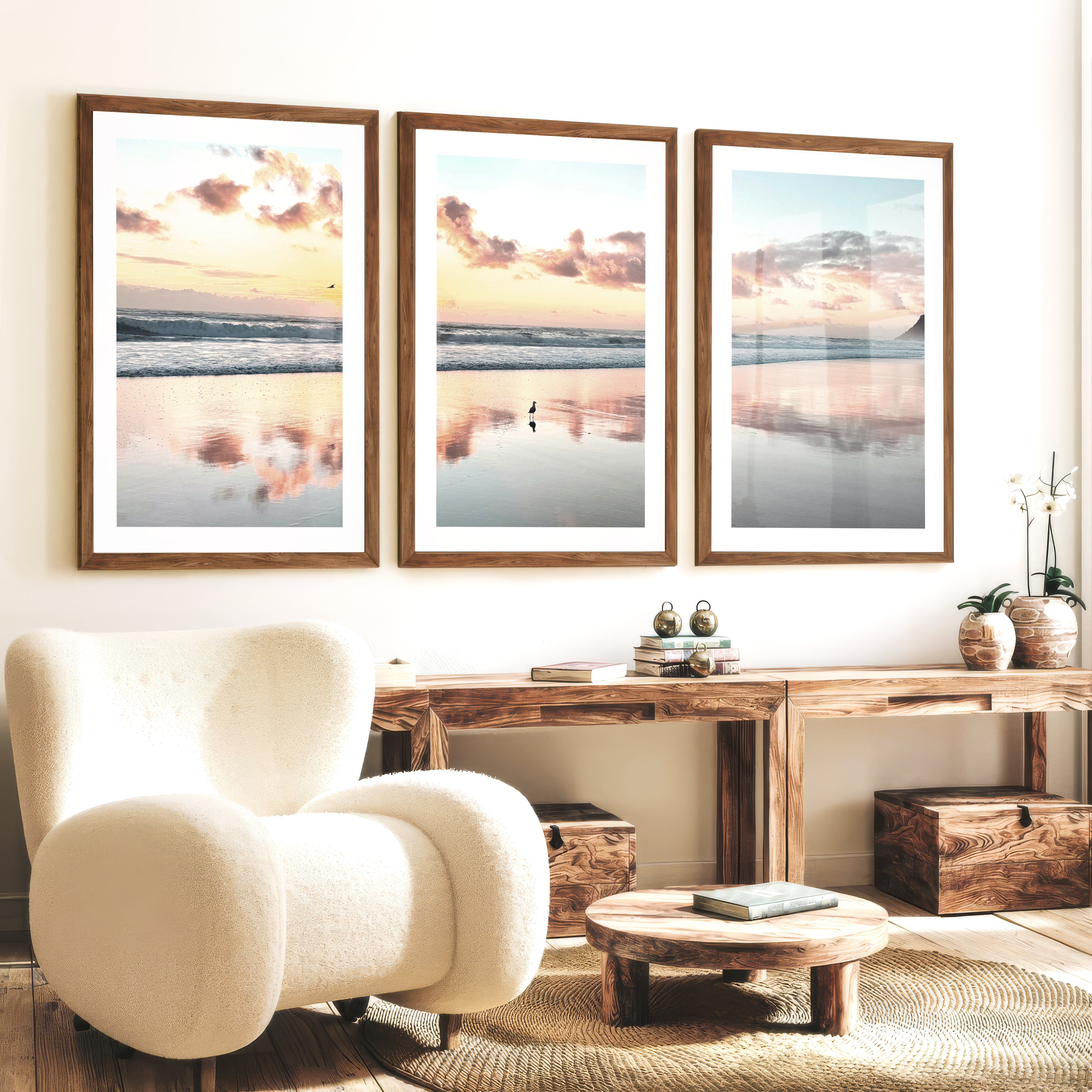 Sunset Beach ocean wave artwork with Shorebird Reflection - Dark Brown Framed Poster with White Border - Artworksets