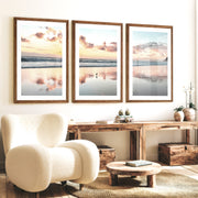 Sunset Beach ocean wave artwork with Shorebird Reflection - Dark Brown Framed Poster with White Border - Artworksets