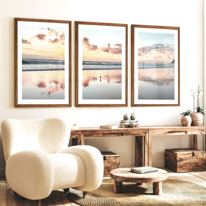 Sunset Beach ocean wave artwork with Shorebird Reflection - Dark Brown Framed Poster with White Border - Artworksets