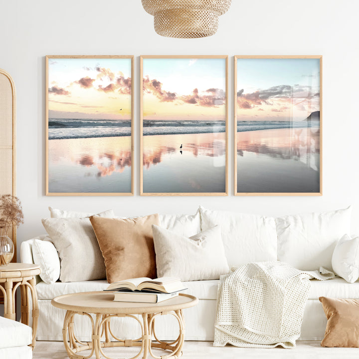 Sunset Beach ocean wave artwork with Shorebird Reflection - Natural Wood Framed Poster No Border - Artworksets