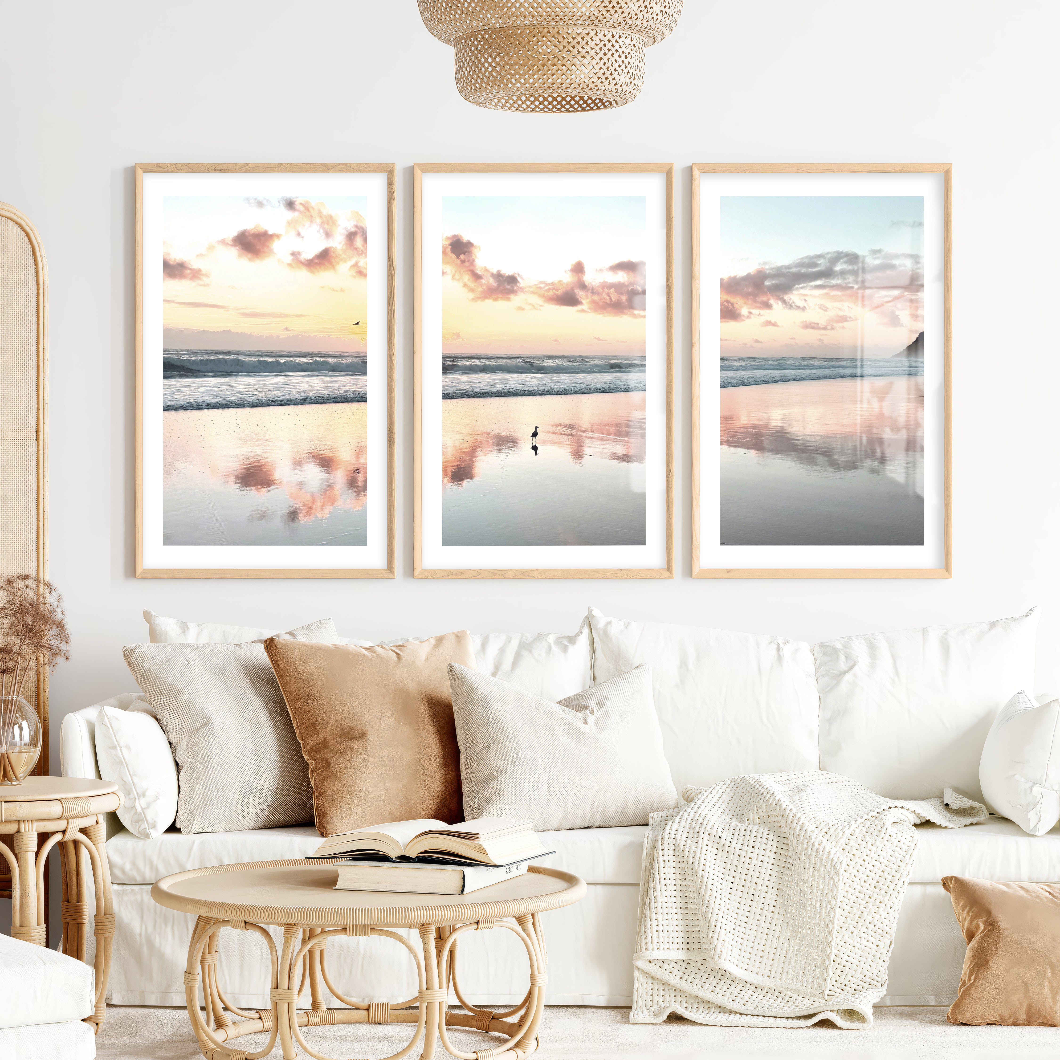 Sunset Beach ocean wave artwork with Shorebird Reflection- Natural Wood Framed Poster with White Border - Artworksets