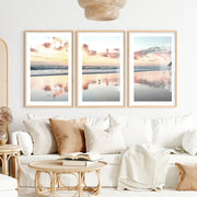 Sunset Beach ocean wave artwork with Shorebird Reflection- Natural Wood Framed Poster with White Border - Artworksets
