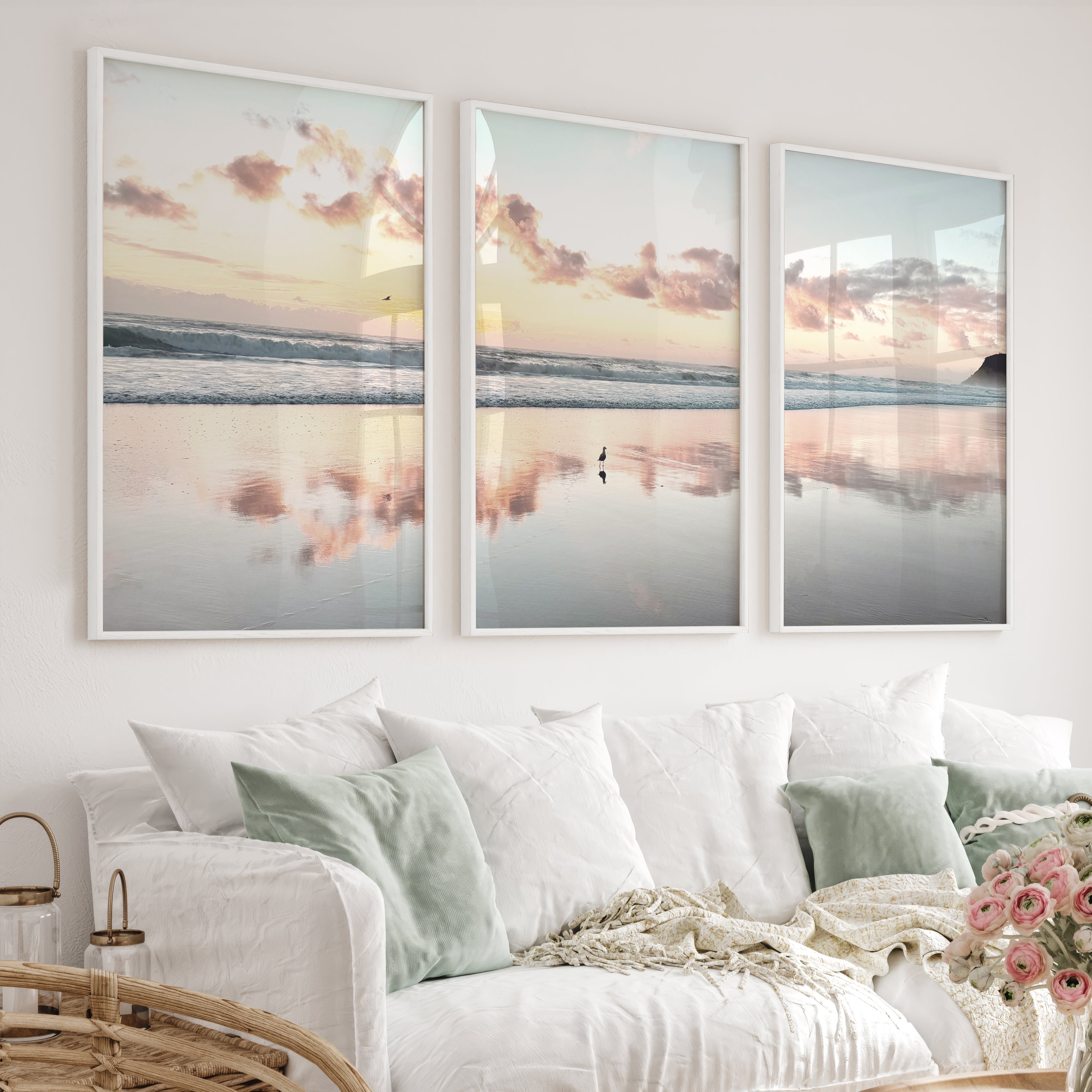 Sunset Beach ocean wave artwork with Shorebird Reflection - White Framed Poster No Border - Artworksets