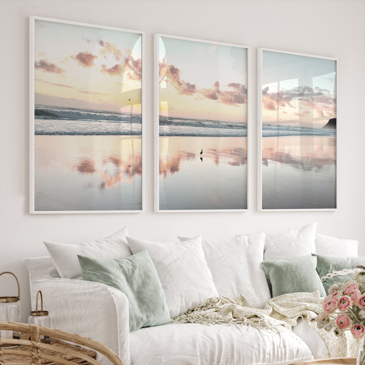 Sunset Beach ocean wave artwork with Shorebird Reflection - White Framed Poster No Border - Artworksets