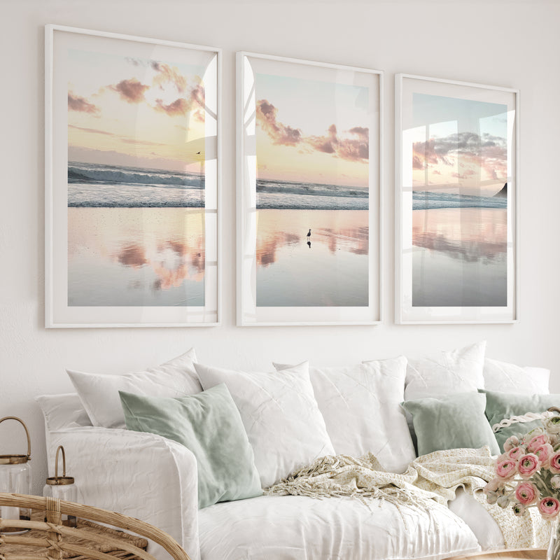 Sunset Beach ocean wave artwork with Shorebird Reflection - White Framed Poster with White Border - Artworksets