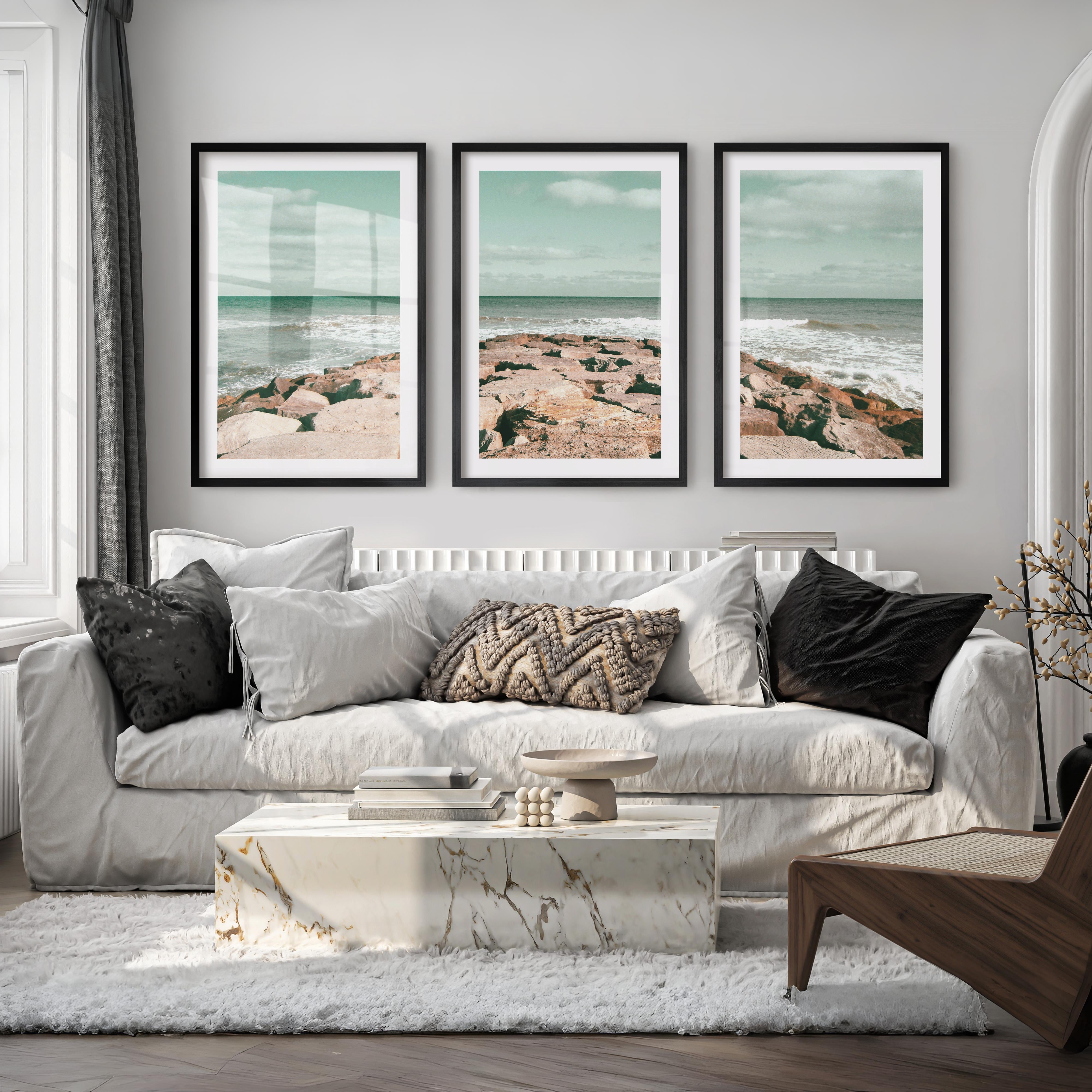 Rocky Jetty ocean wave poster - Black Framed Poster with White Border - Artworksets