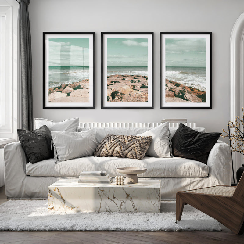 Rocky Jetty ocean wave poster - Black Framed Poster with White Border - Artworksets