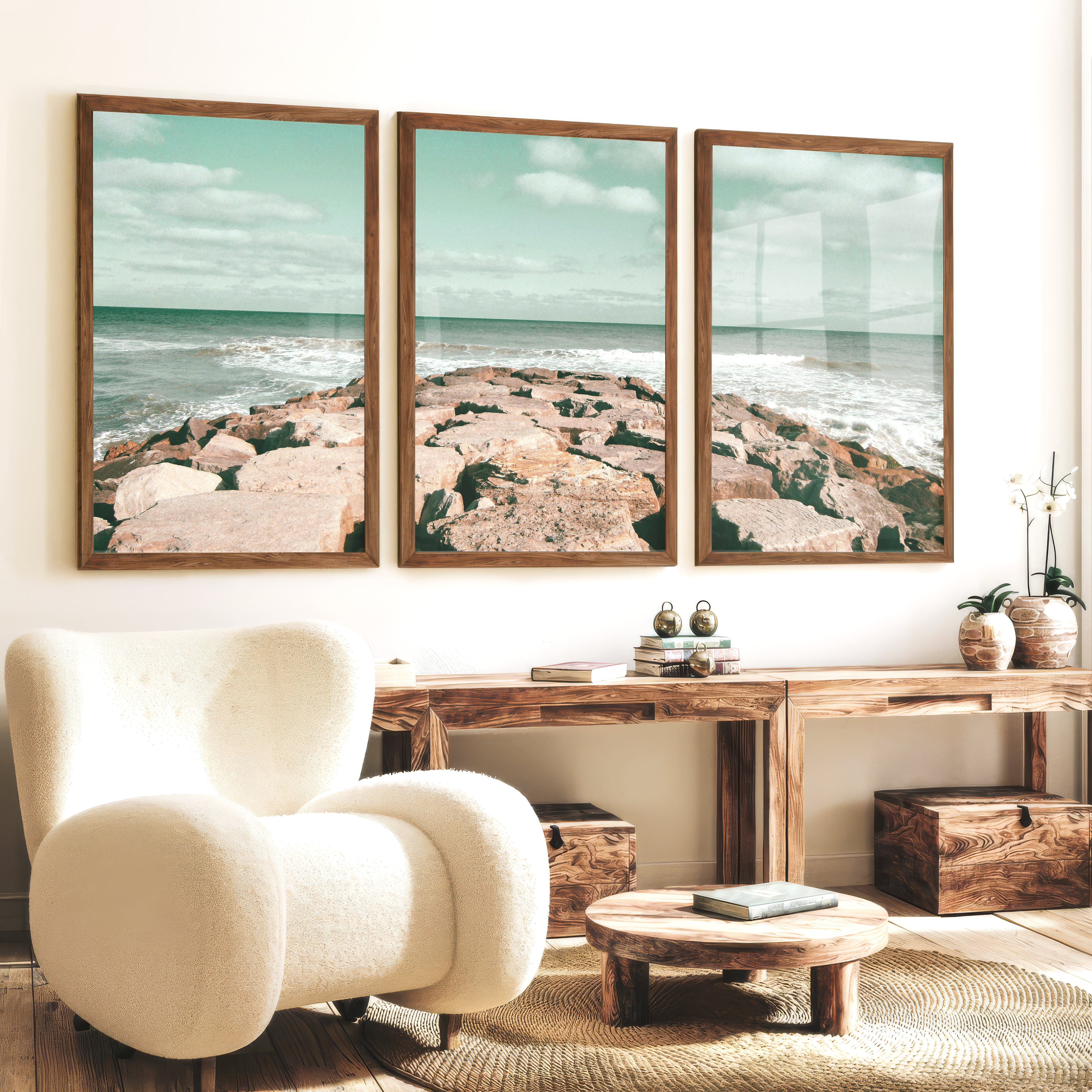 Rocky Jetty ocean wave poster - Dark Brown Framed Poster No Border - Artworksets