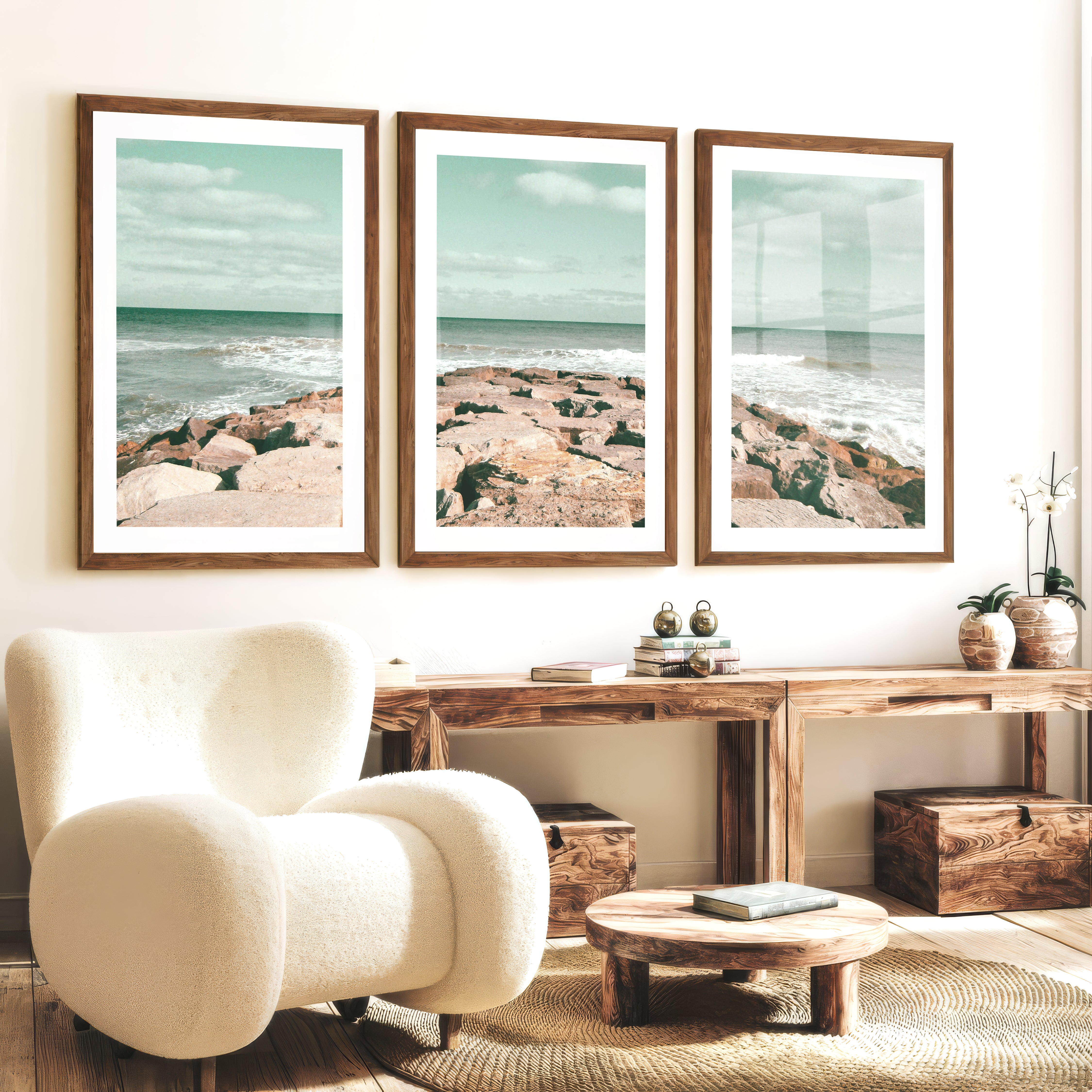 Rocky Jetty ocean wave poster - Dark Brown Framed Poster with White Border - Artworksets