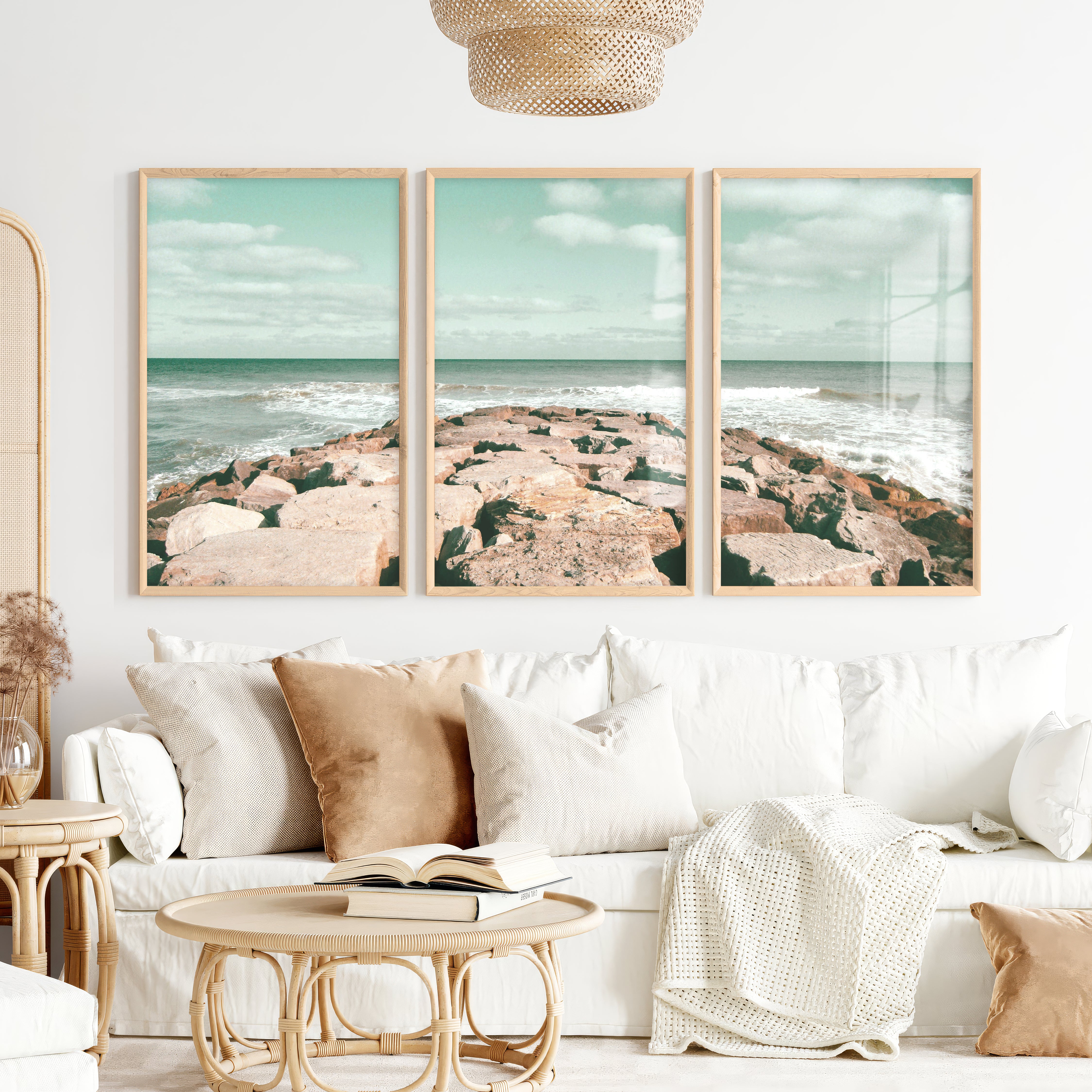 Rocky Jetty ocean wave poster - Natural Wood Framed Poster No Border - Artworksets
