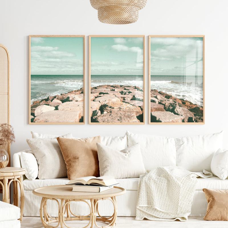 Rocky Jetty ocean wave poster - Natural Wood Framed Poster No Border - Artworksets