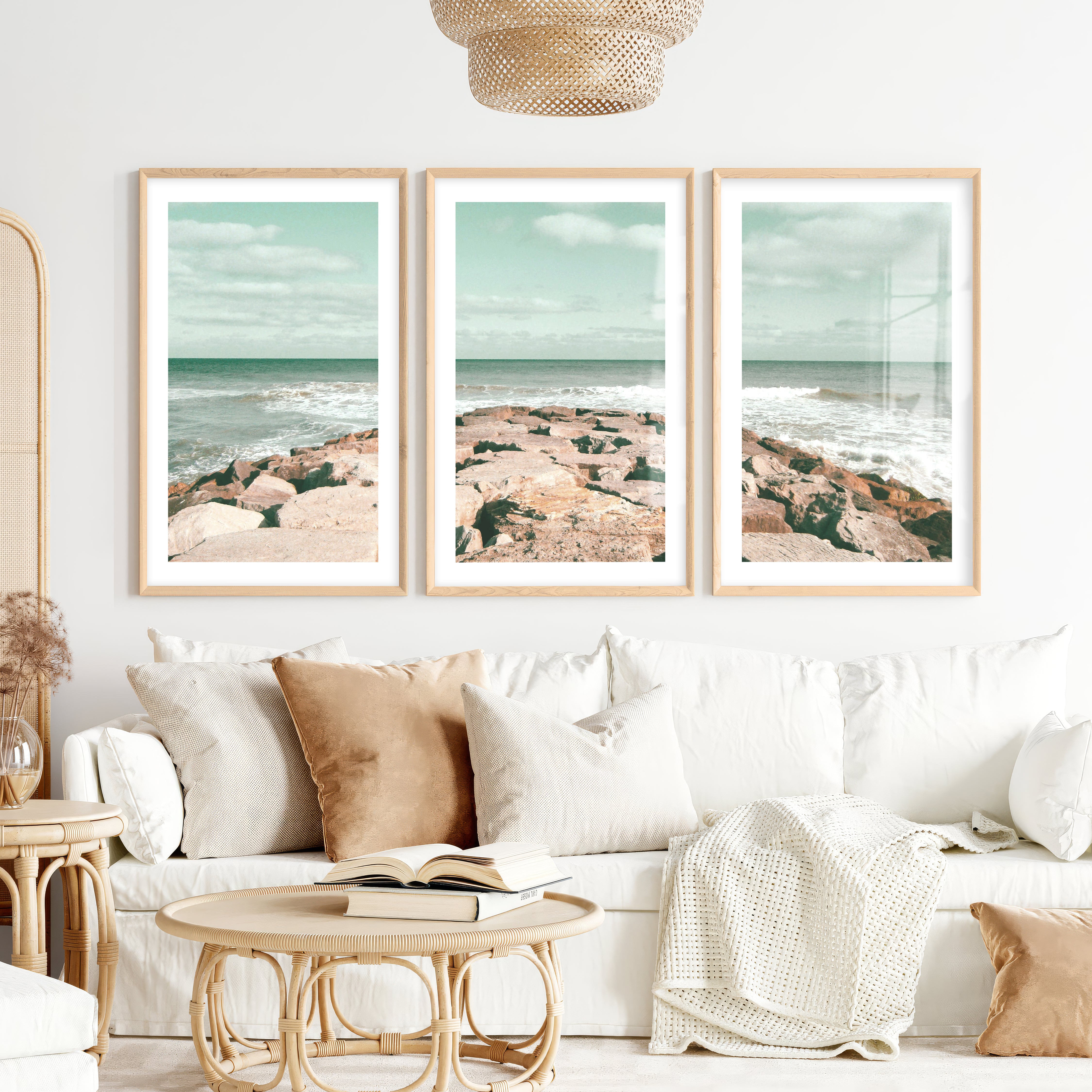 Rocky Jetty ocean wave poster- Natural Wood Framed Poster with White Border - Artworksets