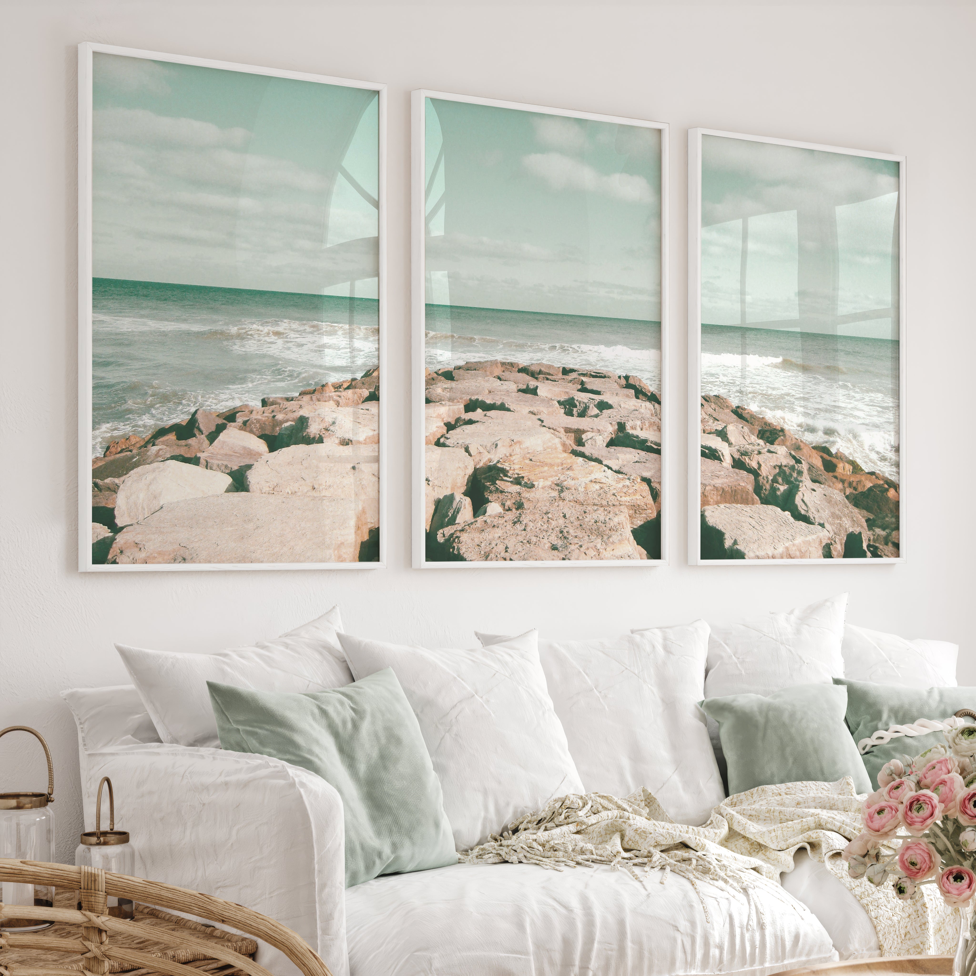 Rocky Jetty ocean wave poster - White Framed Poster No Border - Artworksets