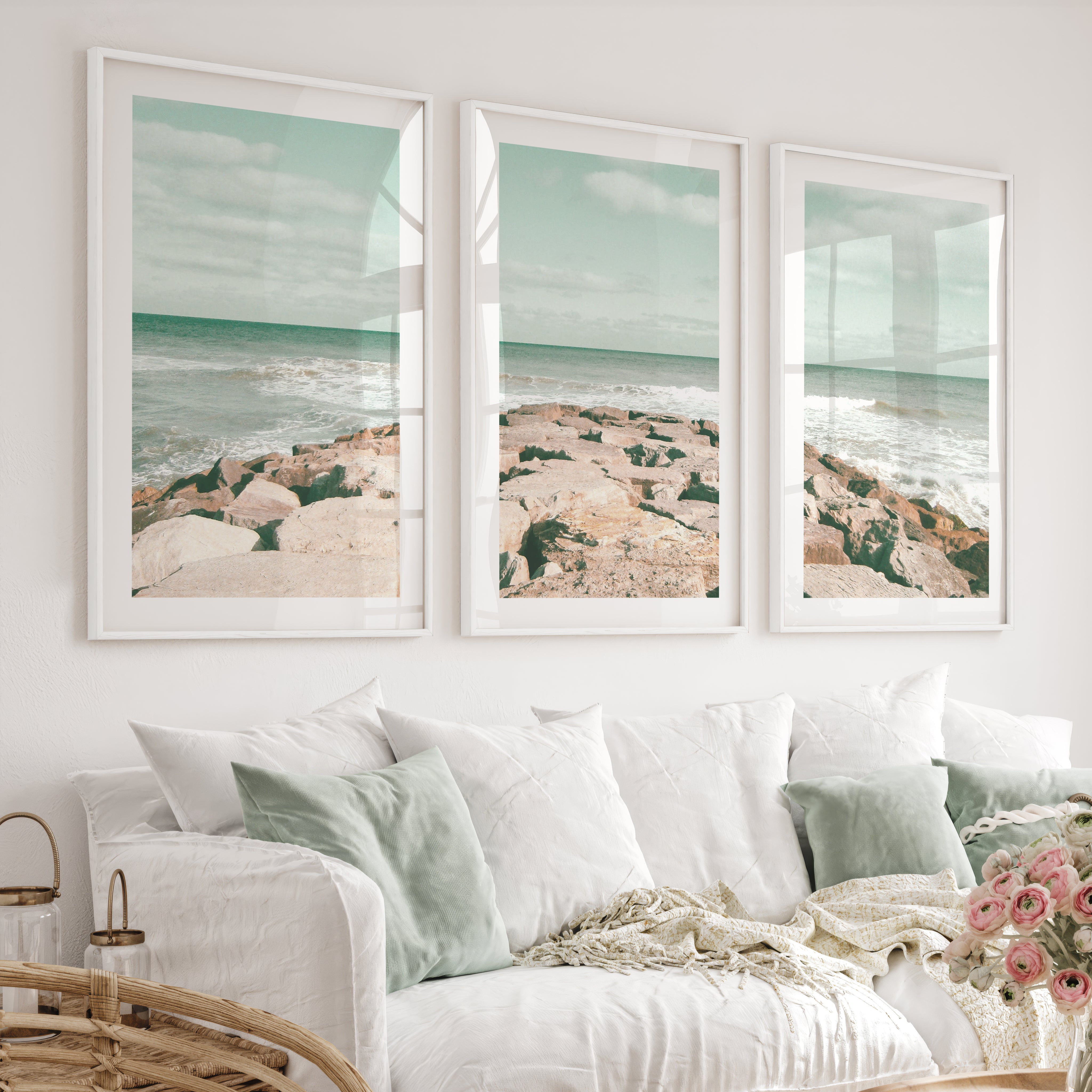 Rocky Jetty ocean wave poster - White Framed Poster with White Border - Artworksets