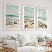 Rocky Jetty ocean wave poster - White Framed Poster with White Border - Artworksets