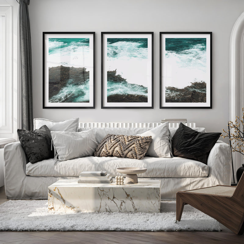 Rocky Shore ocean wave print - Black Framed Poster with White Border - Artworksets