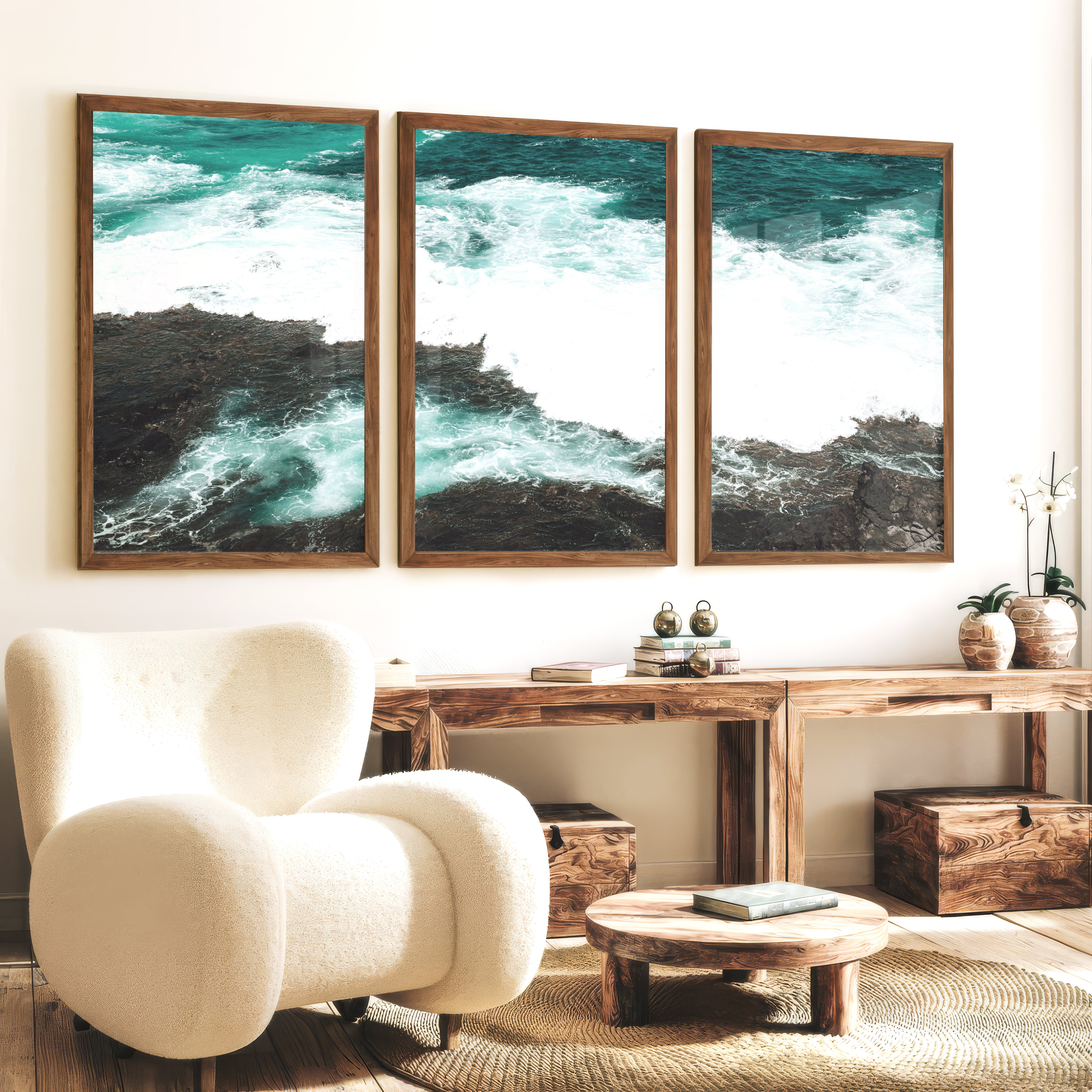Rocky Shore ocean wave print - Dark Brown Framed Poster No Border - Artworksets