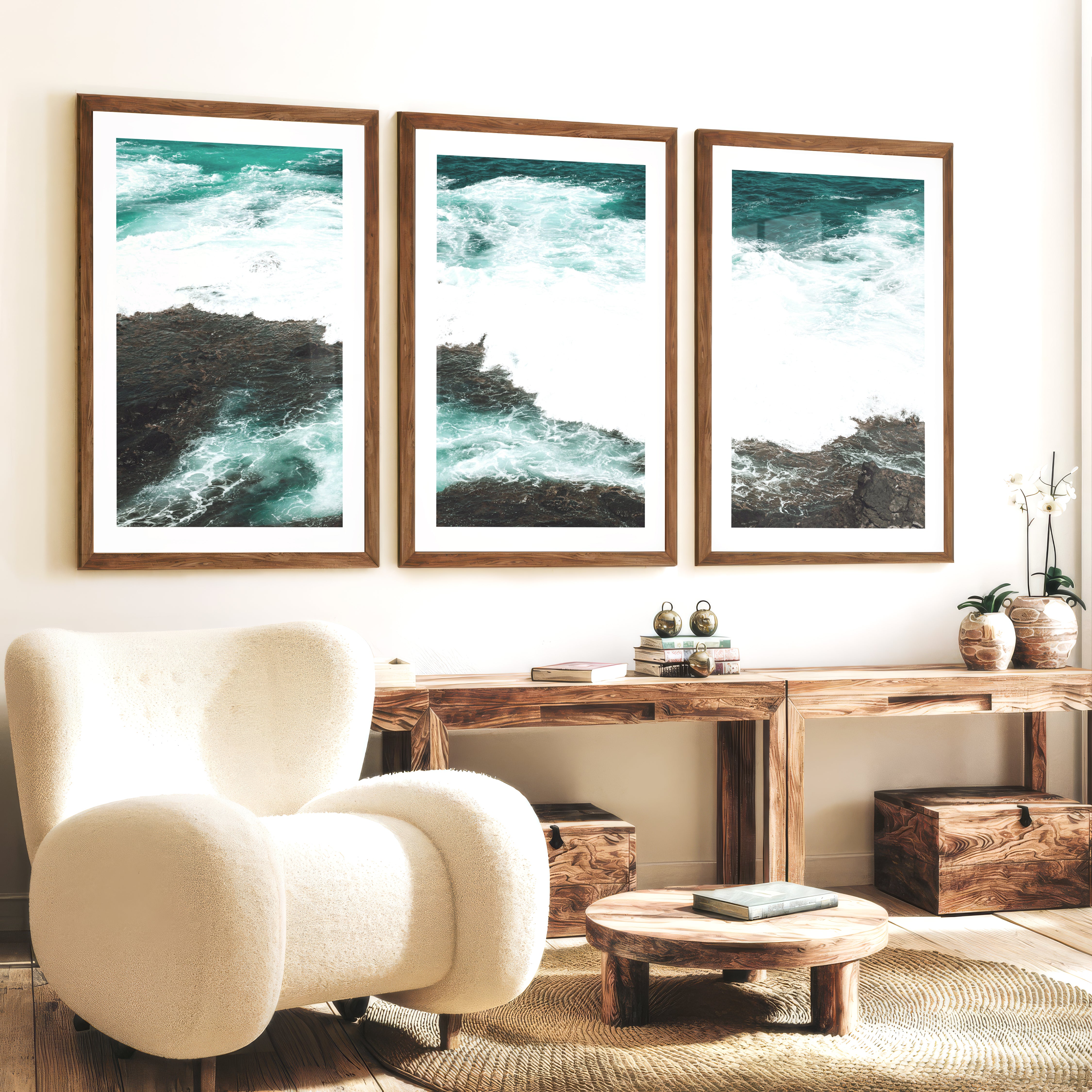 Rocky Shore ocean wave print - Dark Brown Framed Poster with White Border - Artworksets