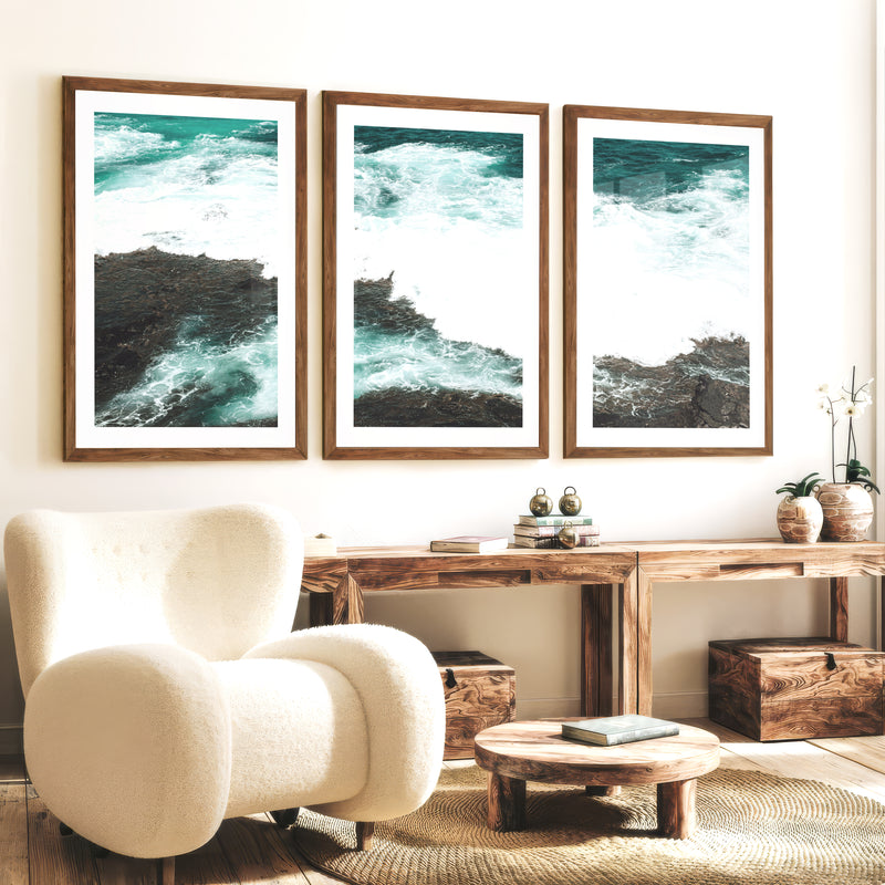 Rocky Shore ocean wave print - Dark Brown Framed Poster with White Border - Artworksets