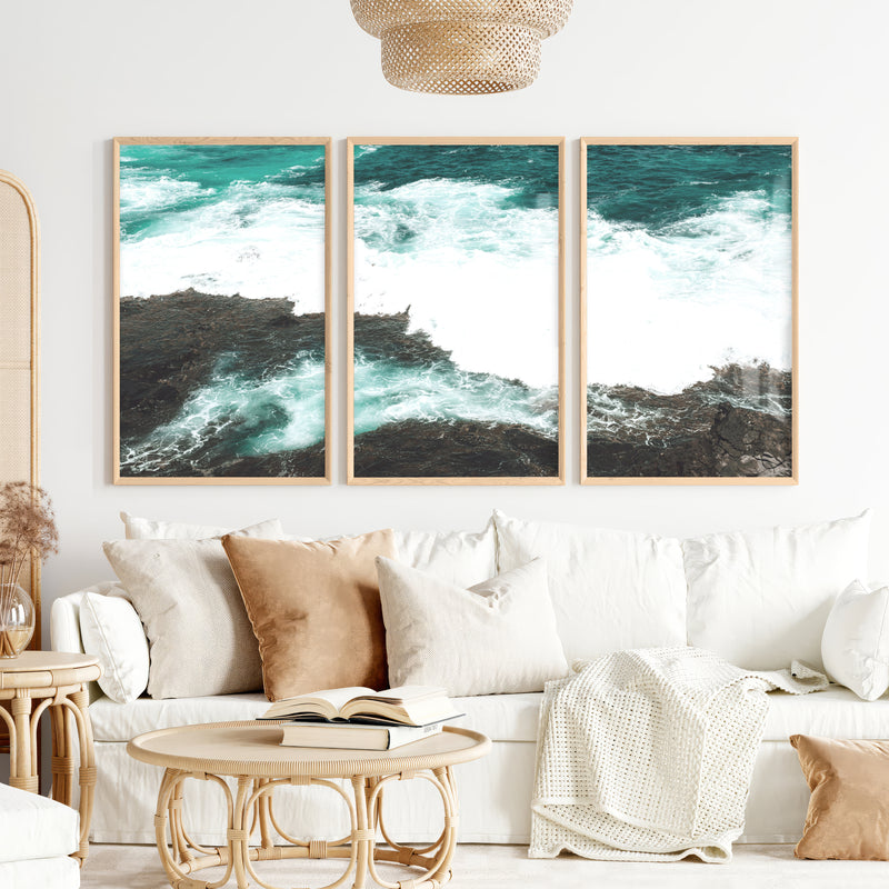 Rocky Shore ocean wave print - Natural Wood Framed Poster No Border - Artworksets