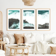 Rocky Shore ocean wave print- Natural Wood Framed Poster with White Border - Artworksets