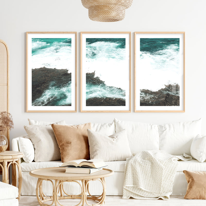 Rocky Shore ocean wave print- Natural Wood Framed Poster with White Border - Artworksets