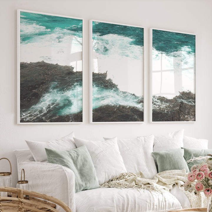 Rocky Shore ocean wave print - White Framed Poster No Border - Artworksets