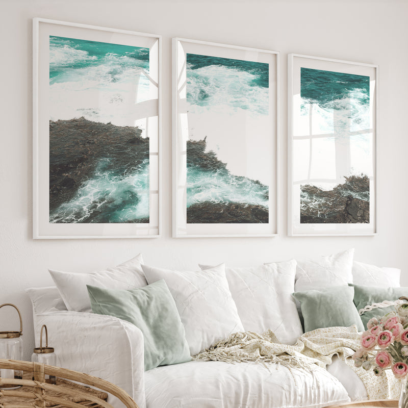 Rocky Shore ocean wave print - White Framed Poster with White Border - Artworksets