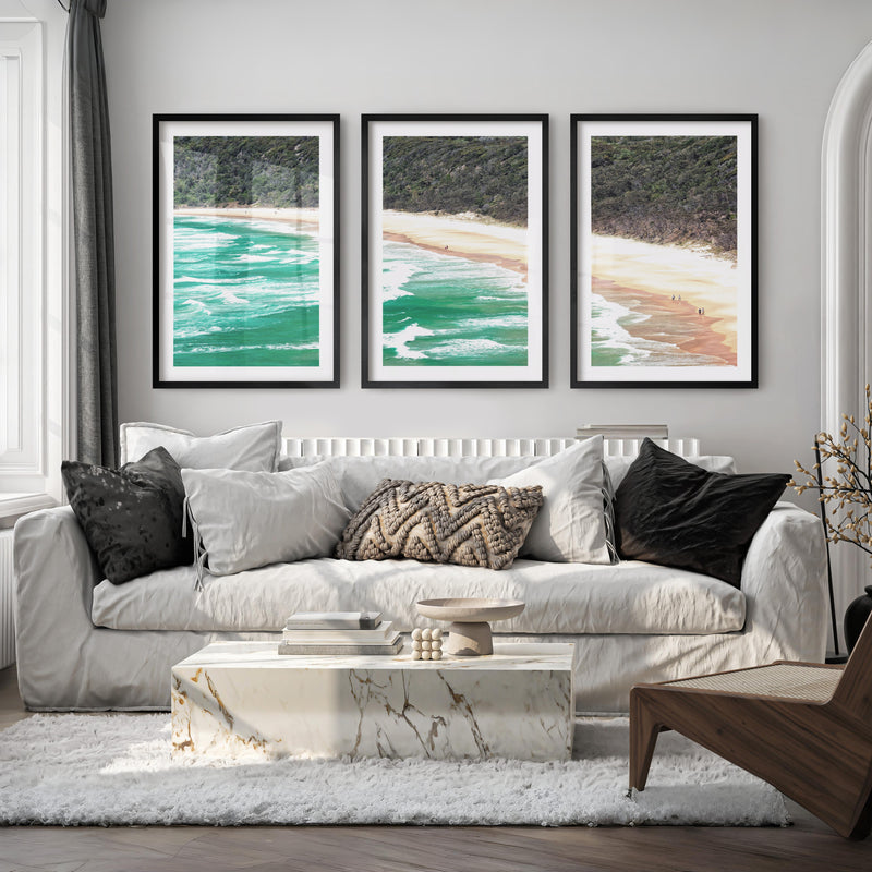 Turquoise Beach Ocean Wave Wall Art - Black Framed Poster with White Border - Artworksets