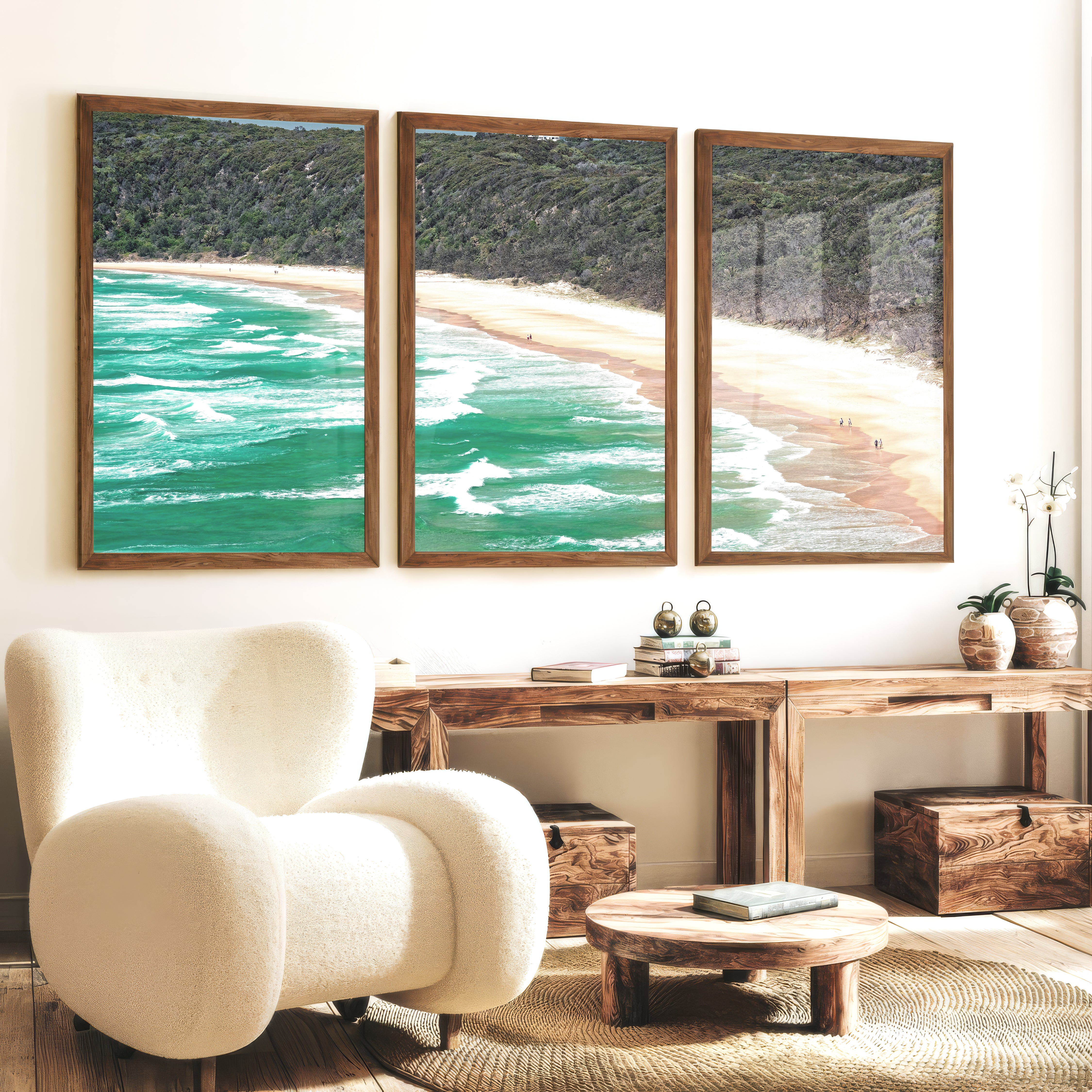 Turquoise Beach Ocean Wave Wall Art - Dark Brown Framed Poster No Border - Artworksets