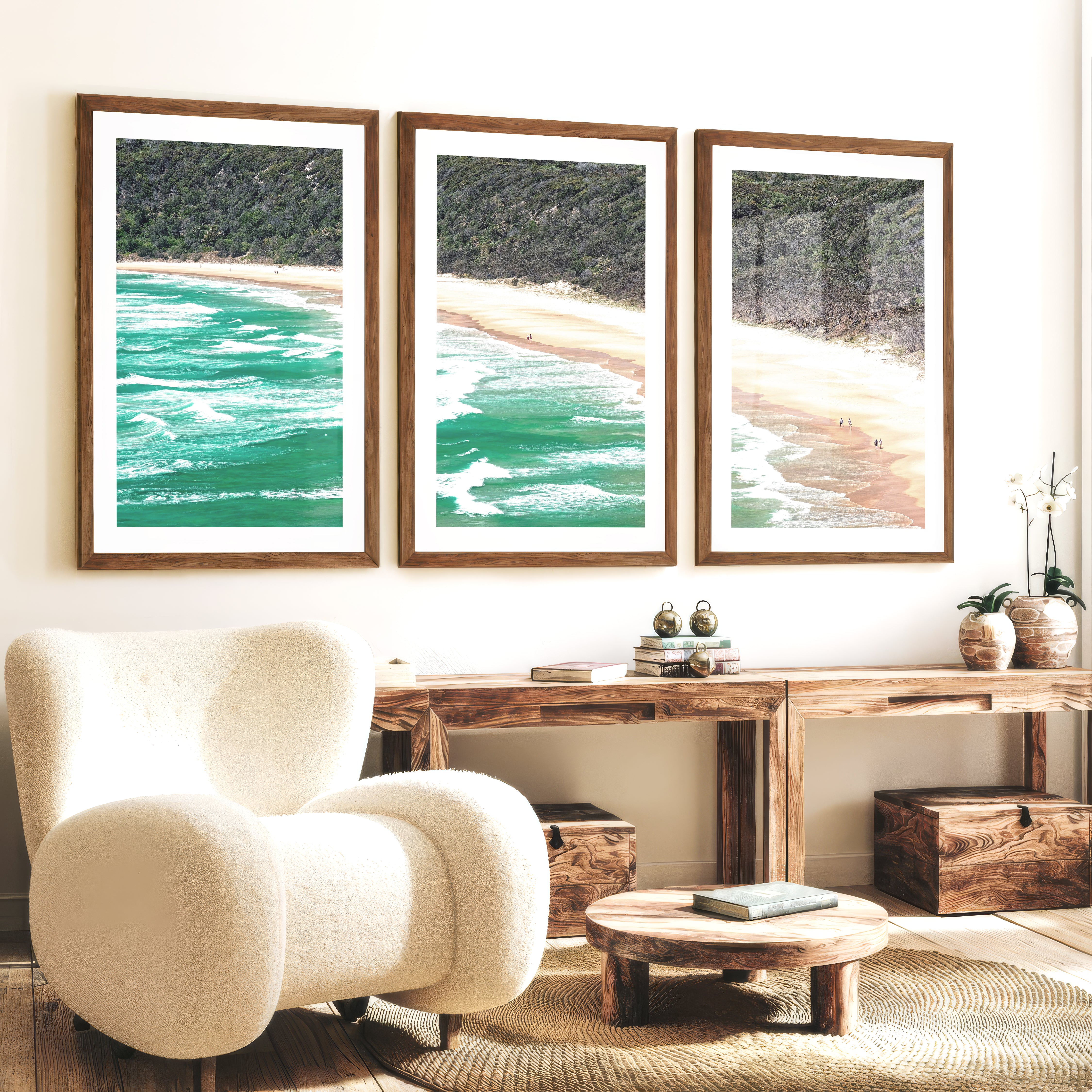 Turquoise Beach Ocean Wave Wall Art - Dark Brown Framed Poster with White Border - Artworksets