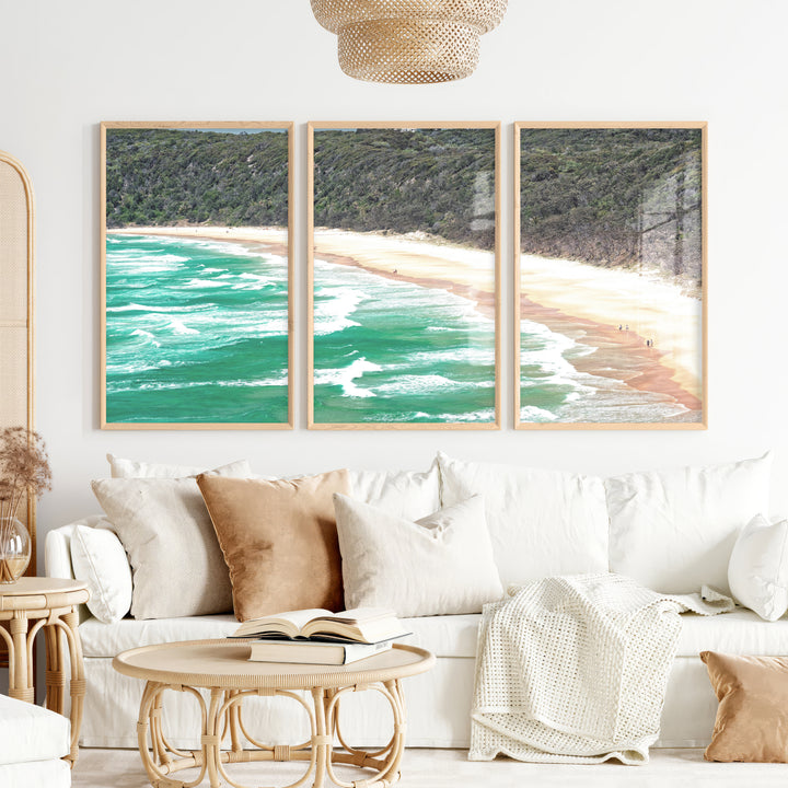 Turquoise Beach Ocean Wave Wall Art - Natural Wood Framed Poster No Border - Artworksets