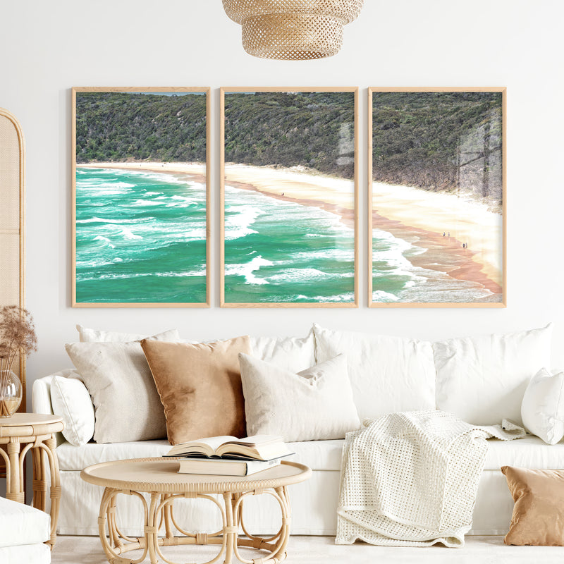 Turquoise Beach Ocean Wave Wall Art - Natural Wood Framed Poster No Border - Artworksets