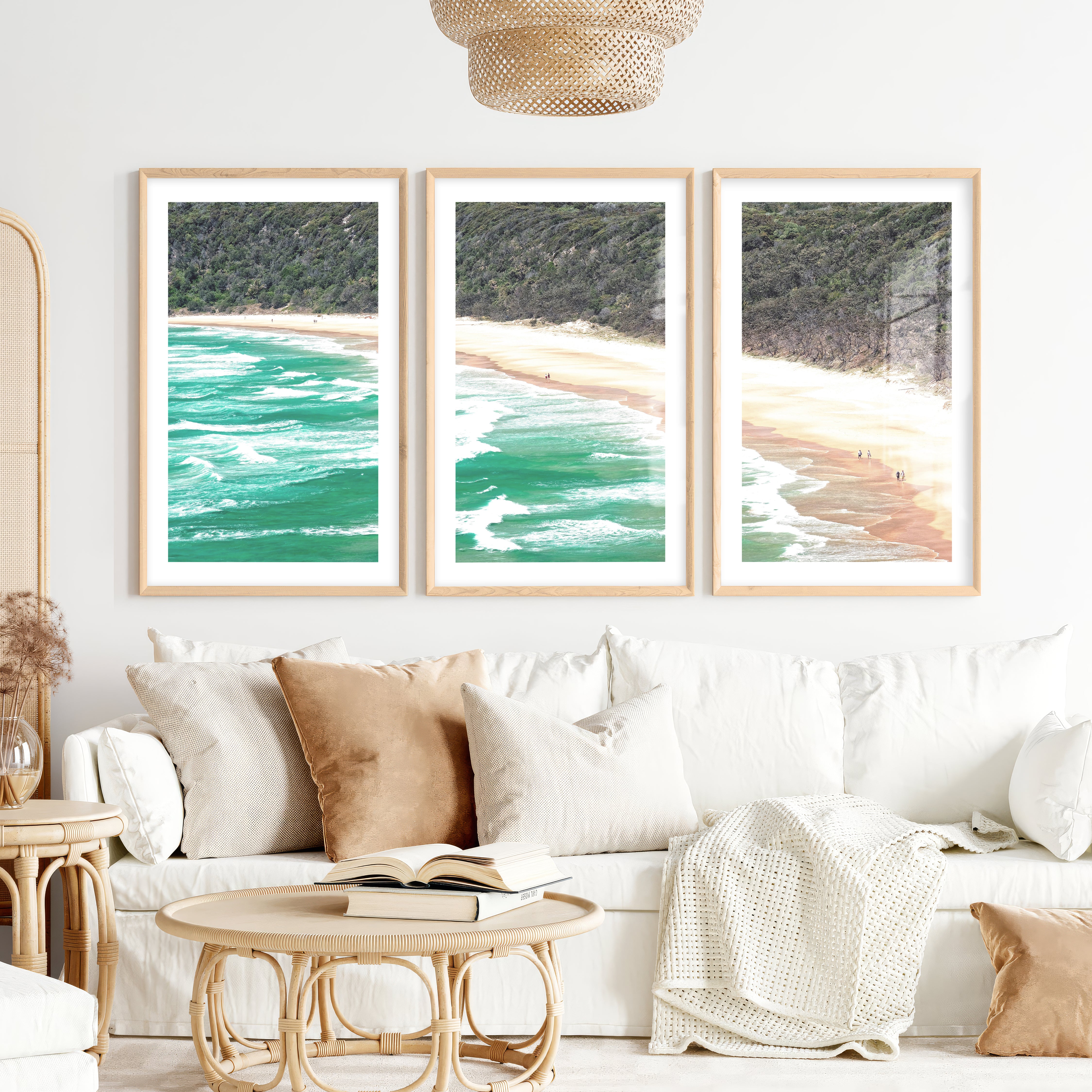 Turquoise Beach Ocean Wave Wall Art- Natural Wood Framed Poster with White Border - Artworksets