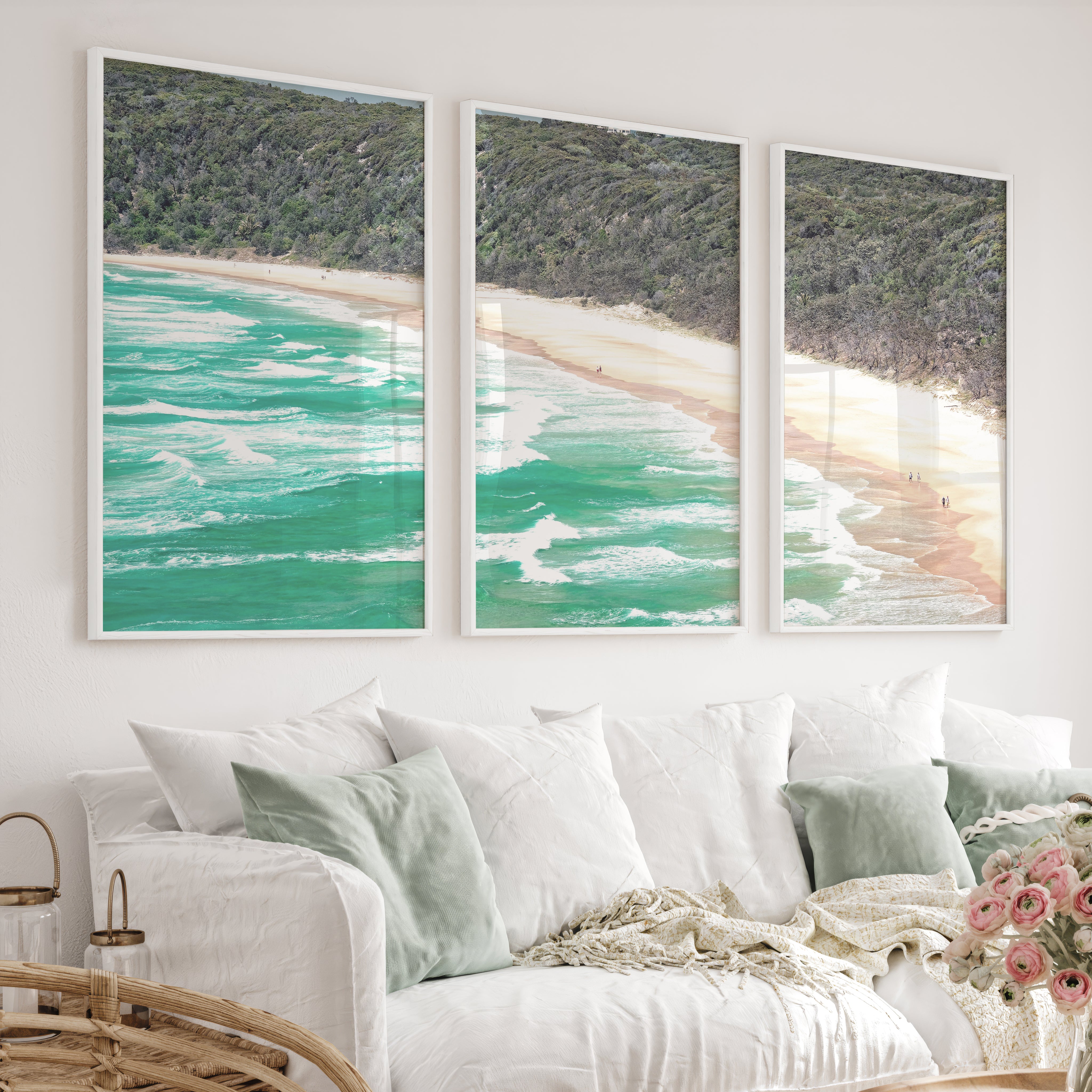 Turquoise Beach Ocean Wave Wall Art - White Framed Poster No Border - Artworksets