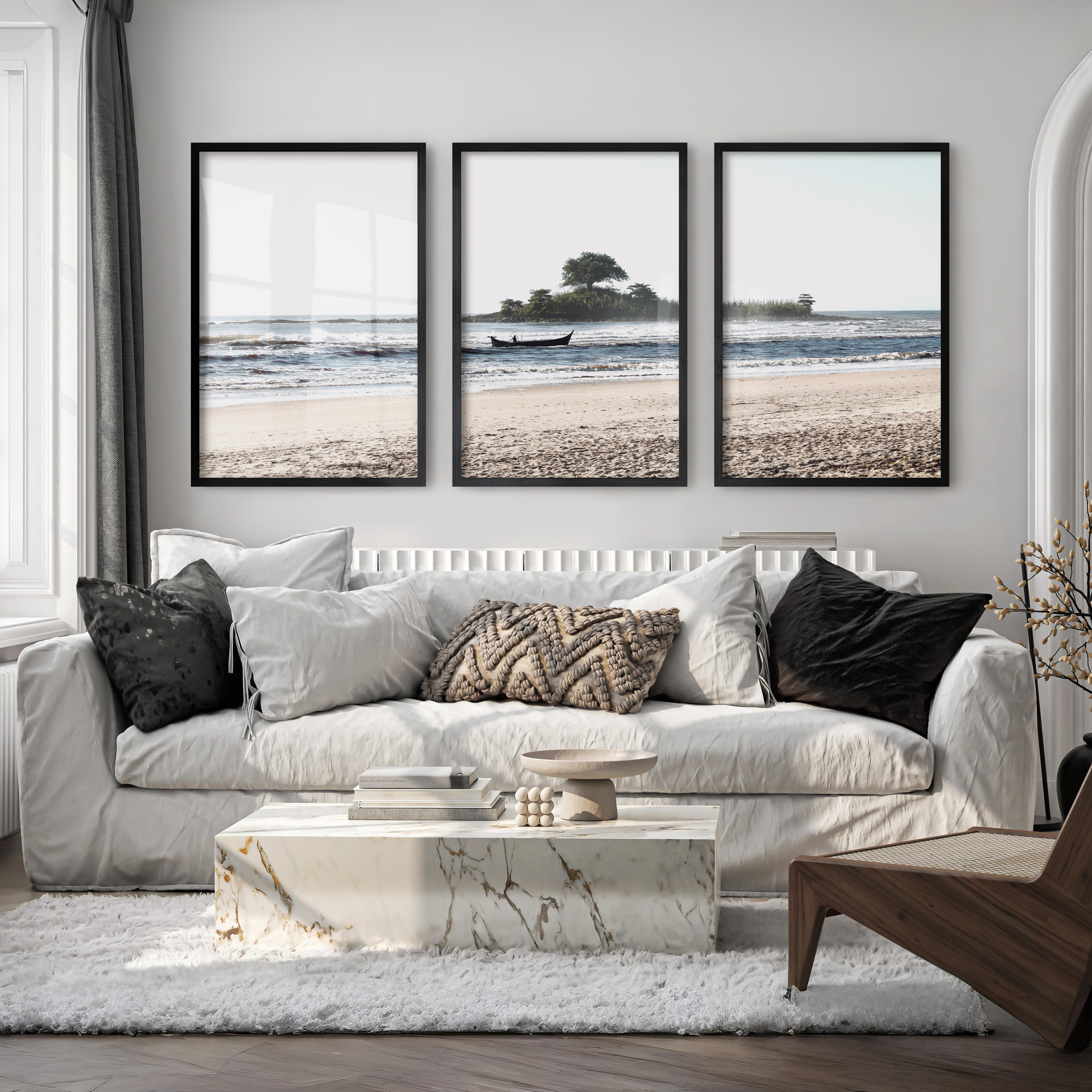 Island Boat ocean waves wall art - Black Framed Poster No Border - Artworksets