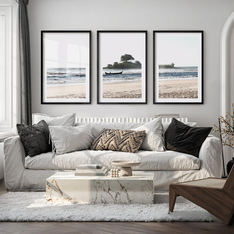 Island Boat ocean waves wall art - Black Framed Poster with White Border - Artworksets