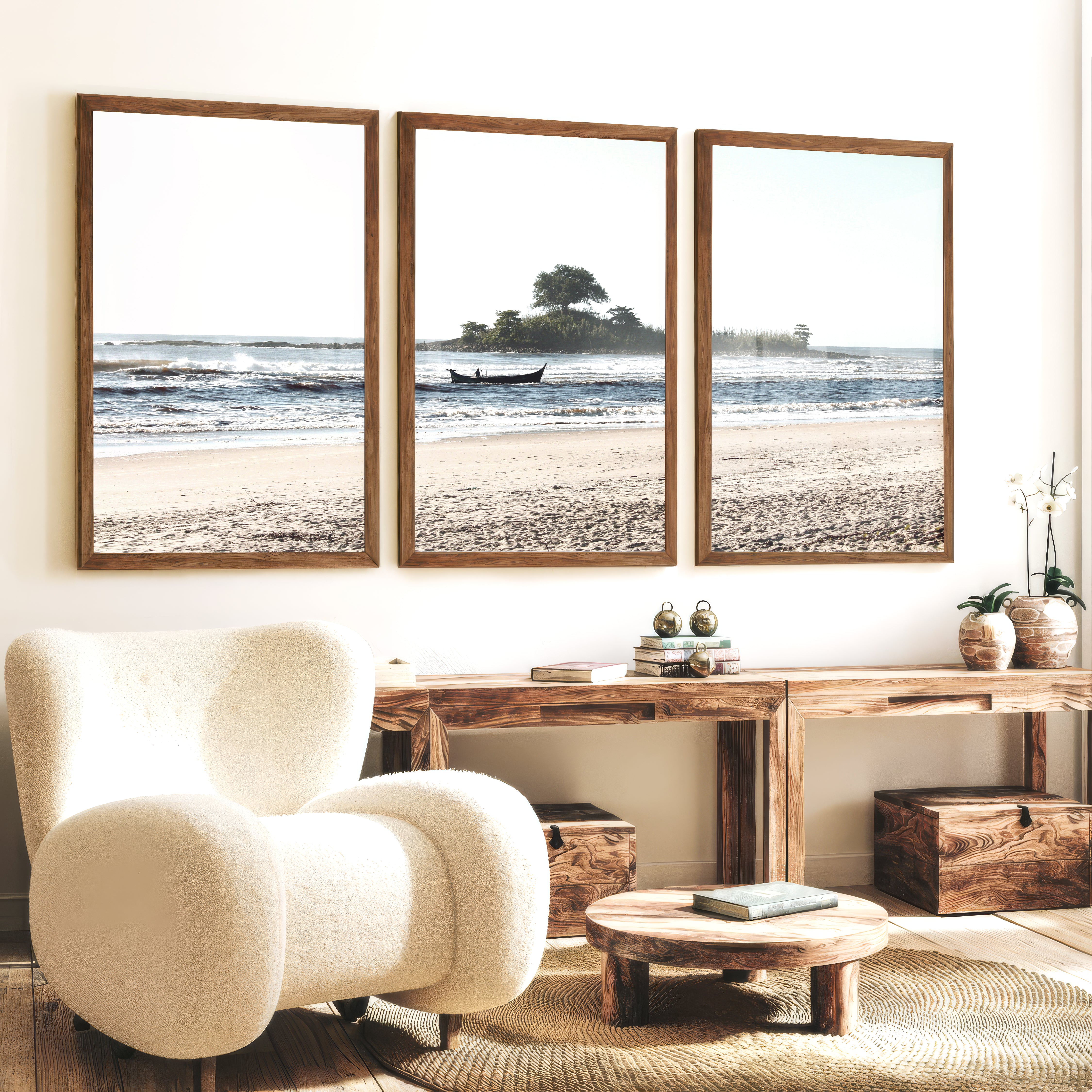 Island Boat ocean waves wall art - Dark Brown Framed Poster No Border - Artworksets