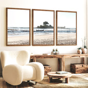 Island Boat ocean waves wall art - Dark Brown Framed Poster No Border - Artworksets