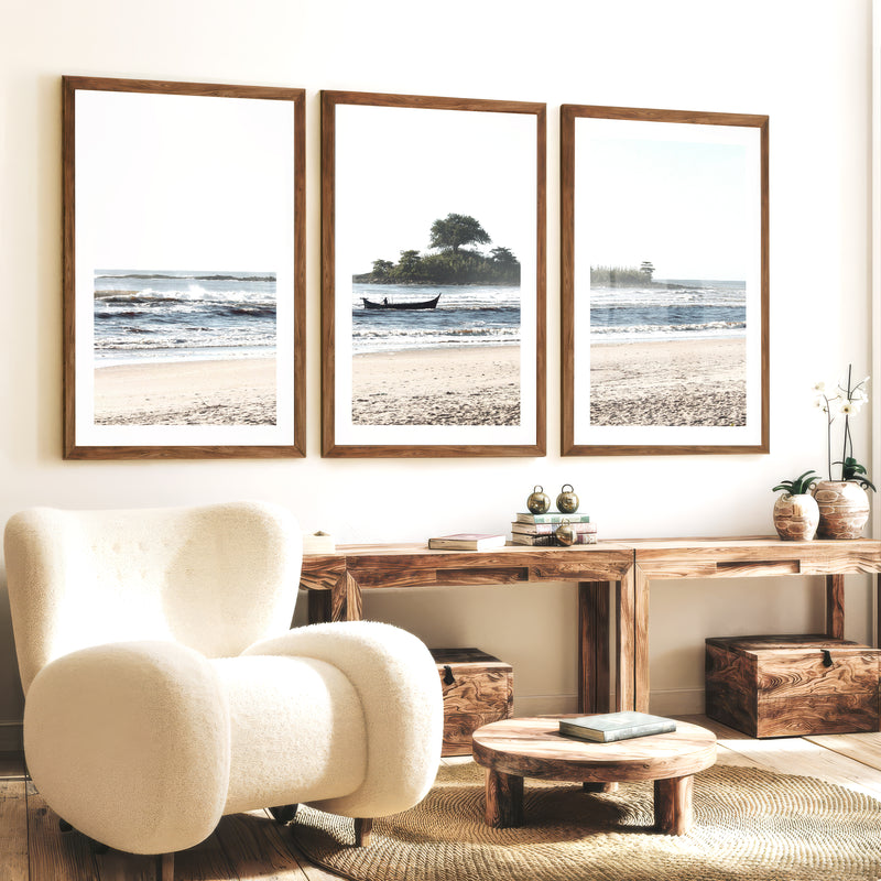 Island Boat ocean waves wall art - Dark Brown Framed Poster with White Border - Artworksets