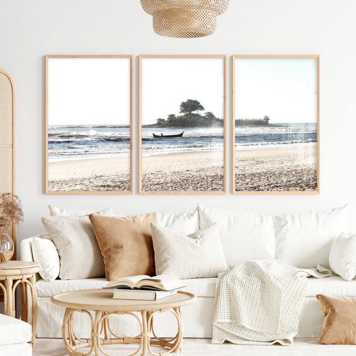 Island Boat ocean waves wall art - Natural Wood Framed Poster No Border - Artworksets