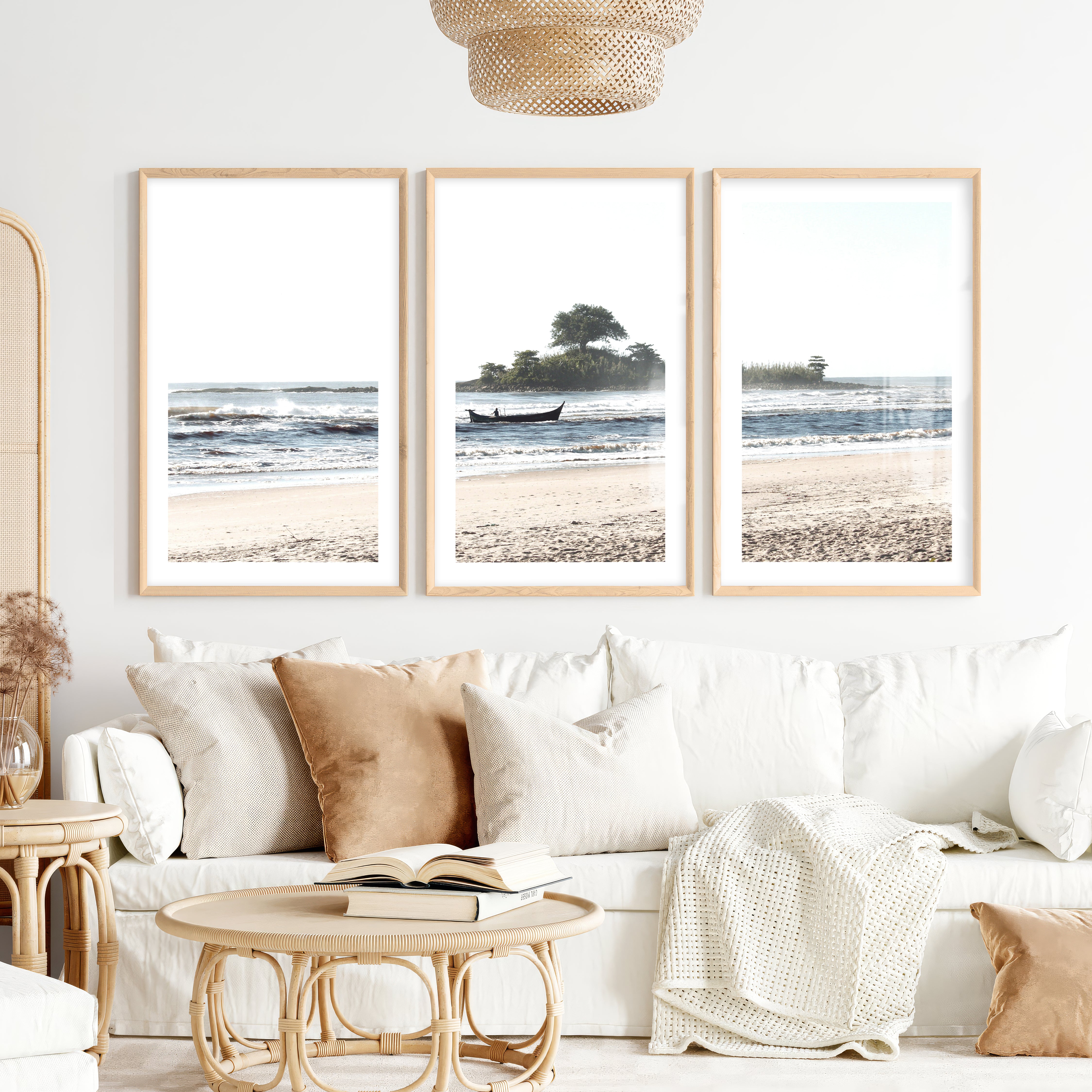 Island Boat ocean waves wall art- Natural Wood Framed Poster with White Border - Artworksets