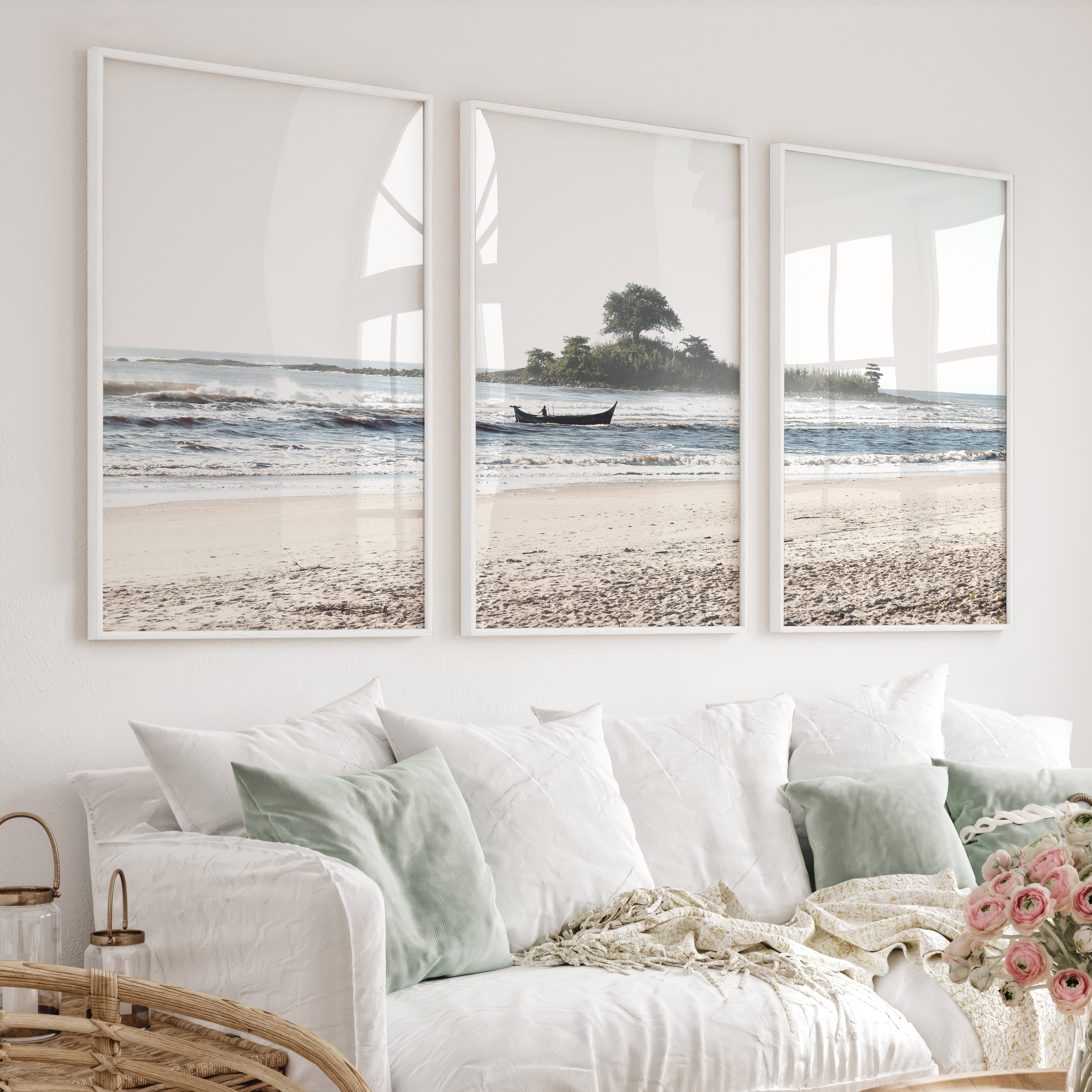 Island Boat ocean waves wall art - White Framed Poster No Border - Artworksets