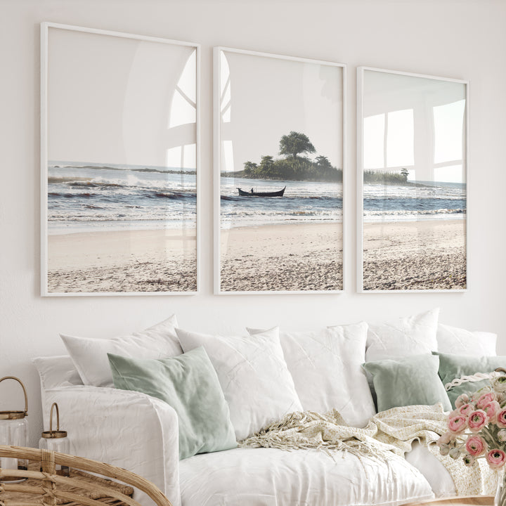 Island Boat ocean waves wall art - White Framed Poster No Border - Artworksets