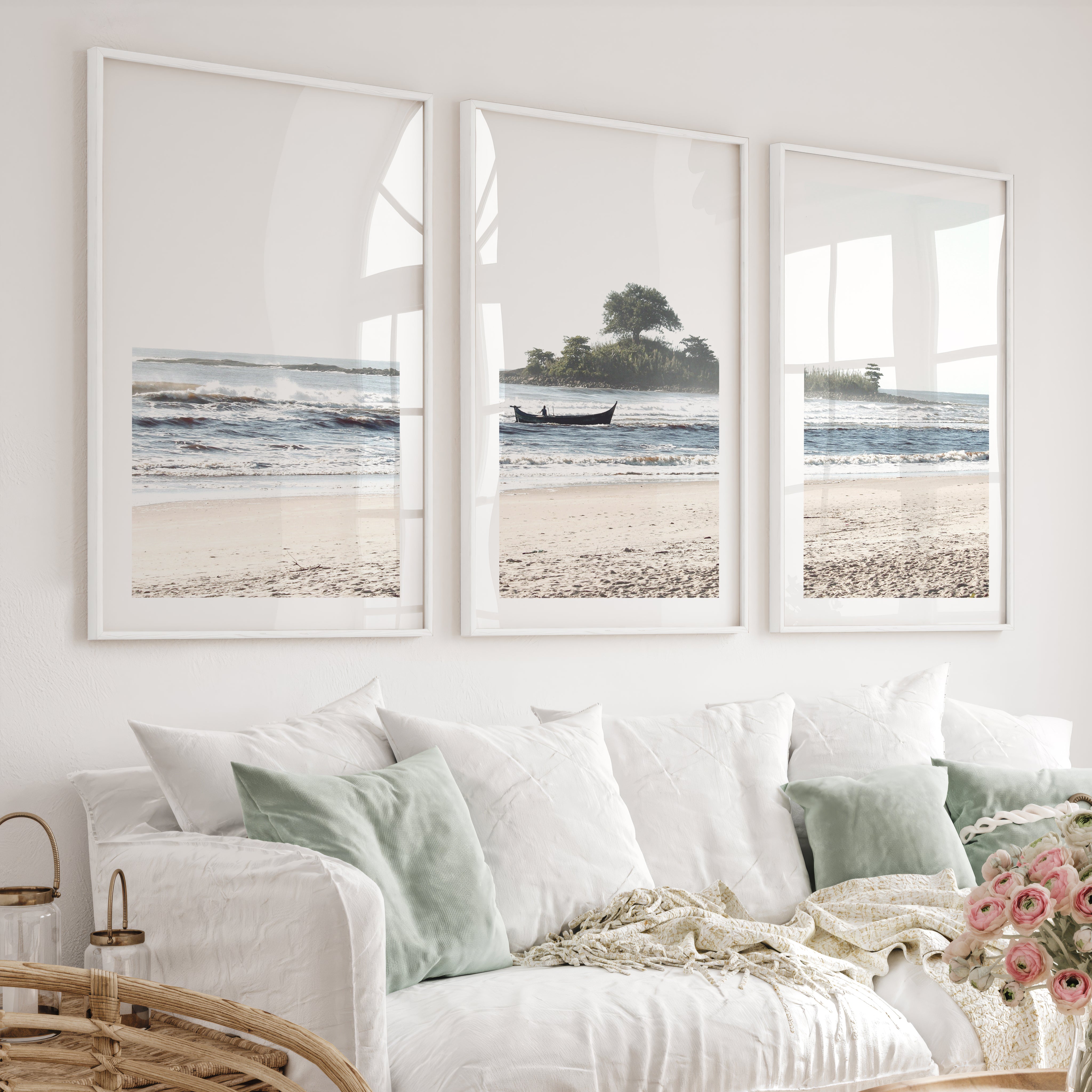 Island Boat ocean waves wall art - White Framed Poster with White Border - Artworksets