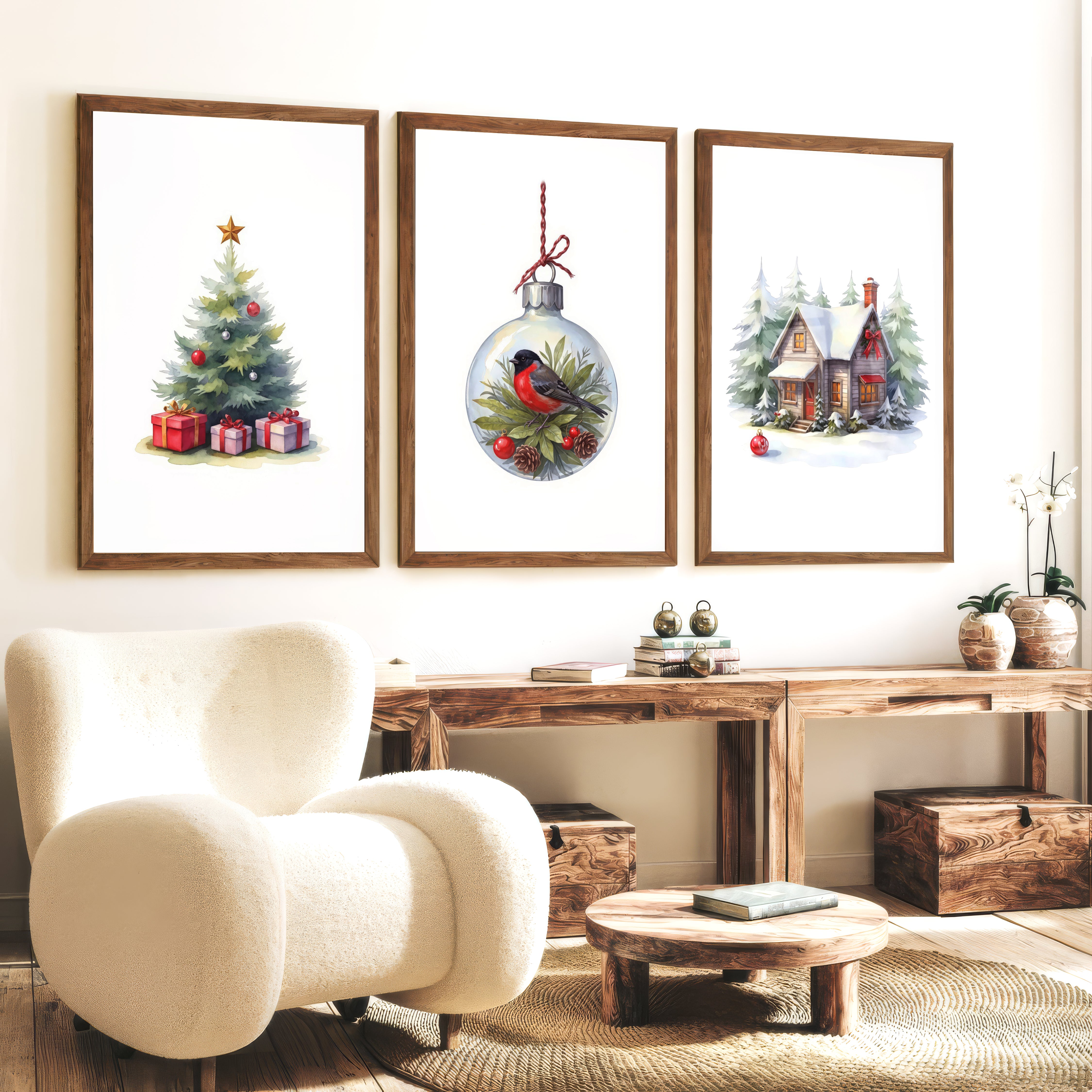 Painting Snowy Christmas Tree Nursery Wall Art - Dark Brown Framed Poster No Border - Artworksets