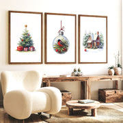 Painting Snowy Christmas Tree Nursery Wall Art - Dark Brown Framed Poster with White Border - Artworksets