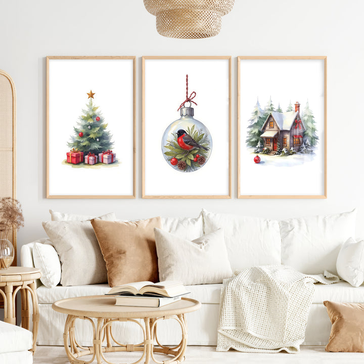 Painting Snowy Christmas Tree Nursery Wall Art - Natural Wood Framed Poster No Border - Artworksets